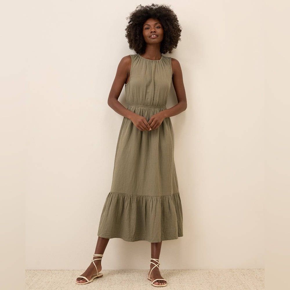 Pact 100% Organic Cotton Coastal Gauze Tiered Midi Dress in Khaki Green